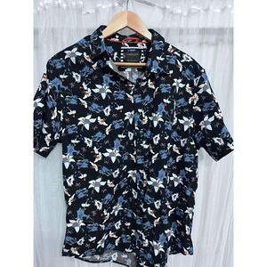 DENIM & FLOWER Ricky Singh Navy Floral Short Sleeve Button Up Shirt Mens XL